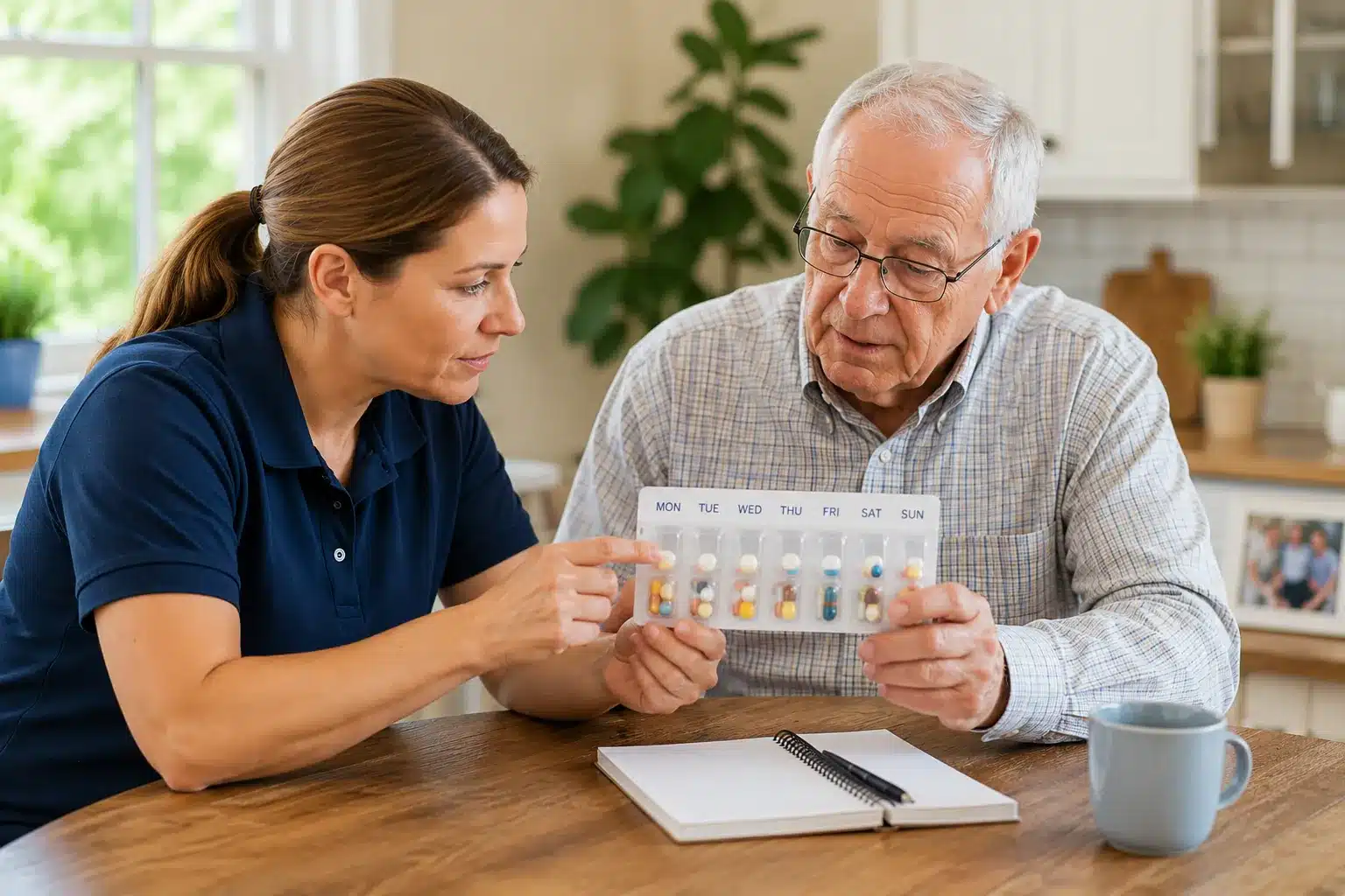 caregiver reviewing a blister pack with an older adult in Midtown Toronto